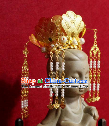 Traditional Chinese Handmade Beads Tassel Hair Crown Buddhist Statues Hairpins Golden Hair Accessories Headwear