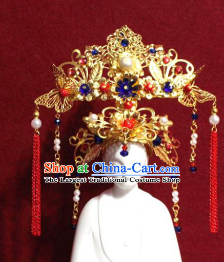 Traditional Chinese Handmade Tassel Hair Crown Buddhist Statues Blue Flowers Hairpins Golden Hair Accessories Headwear