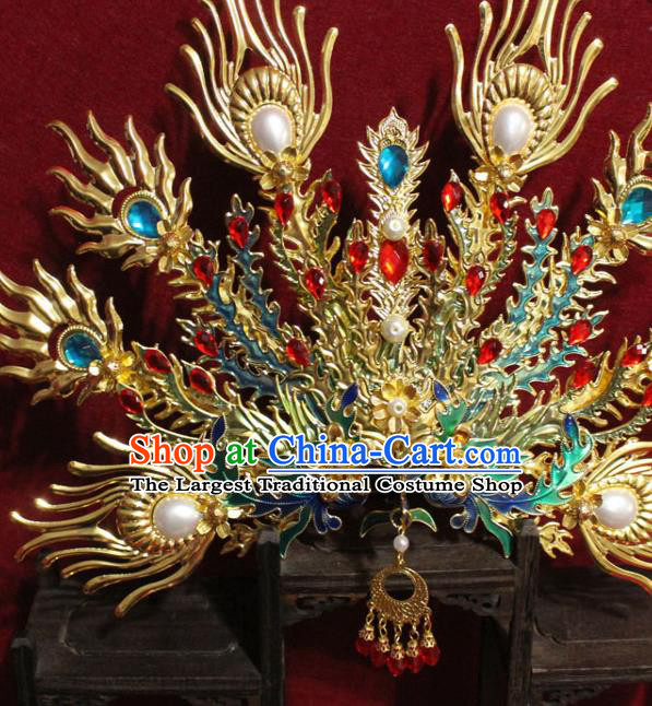 Traditional Chinese Handmade Cloisonne Phoenix Hair Crown Golden Hairpins Hair Accessories Headwear for Women