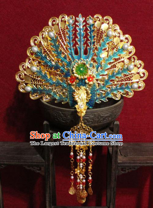 Traditional Chinese Handmade Cloisonne Phoenix Hair Crown Ancient Queen Golden Tassel Hairpins Hair Accessories Court Headwear for Women