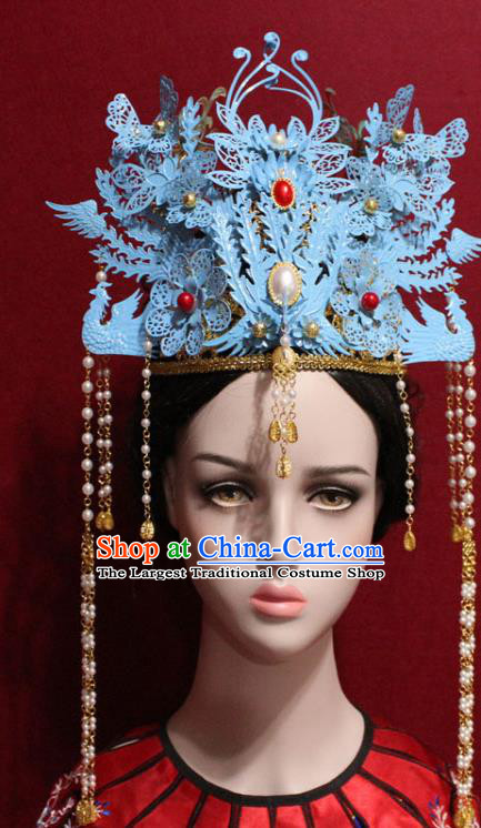 Traditional Chinese Ancient Qing Dynasty Imperial Consort Blue Phoenix Coronet Handmade Hair Jewelry Hair Accessories Complete Set