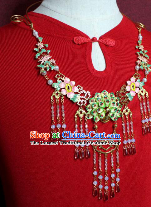 Traditional Chinese Ancient Princess Pink Beads Tassel Necklace Handmade Jewelry Accessories Cloisonne Peacock Necklet for Women