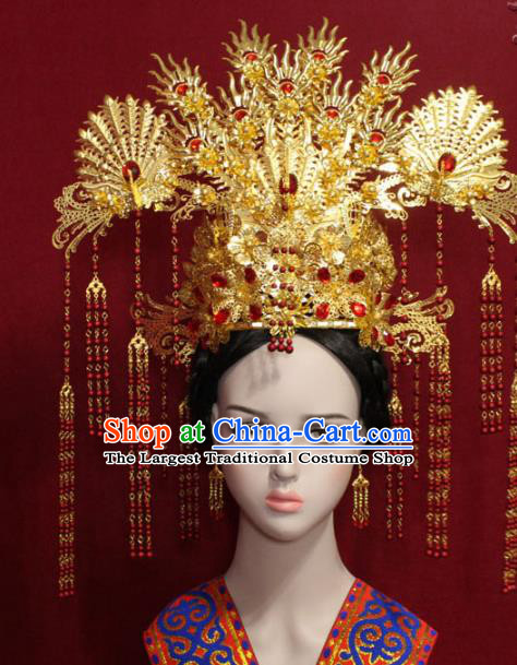 Traditional Chinese Ancient Queen Golden Phoenix Coronet Handmade Hair Jewelry Tassel Hairpins Hair Accessories Complete Set