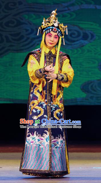 Chinese Beijing Opera Queen Mother Cixi Apparels Costumes and Headdress Xiang Jiuxiao Traditional Peking Opera Qing Dynasty Empress Dowager Dress Garment