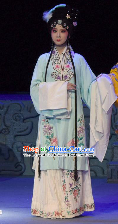 Chinese Sichuan Opera Imperial Consort Garment Costumes and Hair Accessories Qing Yun Palace Traditional Peking Opera Young Lady Blue Dress Apparels