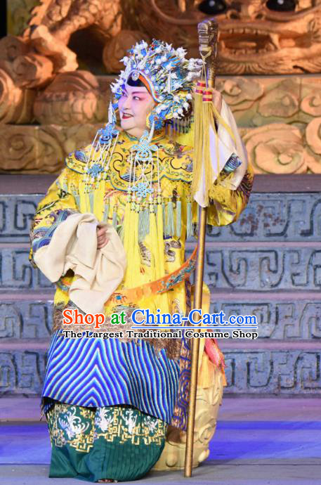 Chinese Sichuan Opera Empress Dowager Garment Costumes and Hair Accessories Qing Yun Palace Traditional Peking Opera Elderly Female Dress Pantaloon Apparels