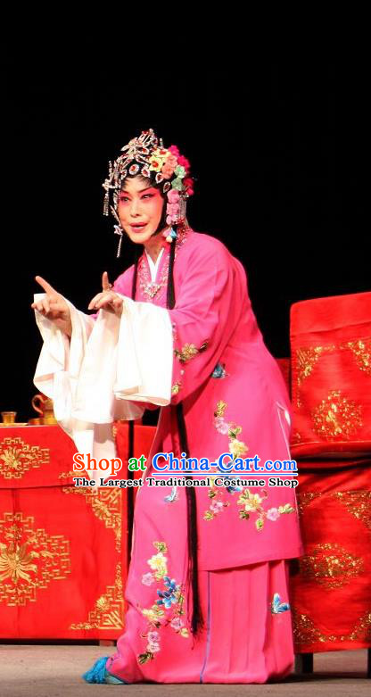 Chinese Sichuan Opera Young Female Rosy Garment Costumes and Hair Accessories Yu He Qiao Traditional Peking Opera Actress Rosy Dress Diva Apparels