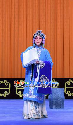 Chinese Beijing Opera Diva Meng Yuehua Apparels Costumes and Headpieces Traditional Peking Opera Yu Bei Pavilion Young Female Blue Dress Garment