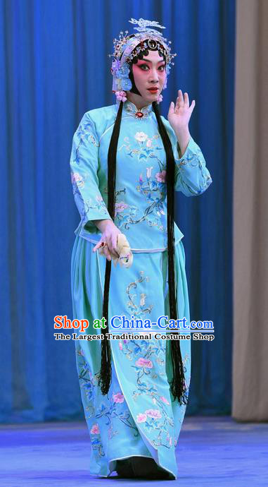 Chinese Beijing Opera Young Beauty Wang Shuying Apparels Costumes and Headpieces Traditional Peking Opera Yu Bei Pavilion Xiaodan Blue Dress Garment