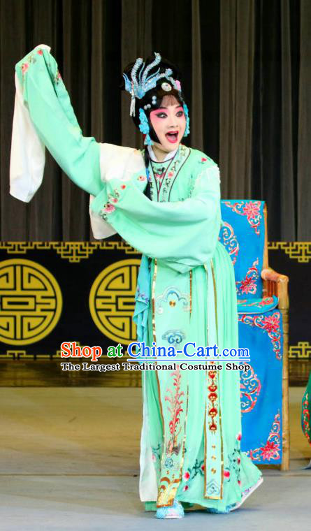 Chinese Sichuan Opera Diva Garment Costumes and Hair Accessories Fang You Traditional Peking Opera Hua Tan Green Dress Actress Apparels