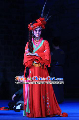 Chinese Beijing Opera Young Lady Red Apparels Costumes and Headpieces Traditional Peking Opera Love Bell Tower Hua Tan Ai Liya Dress Garment