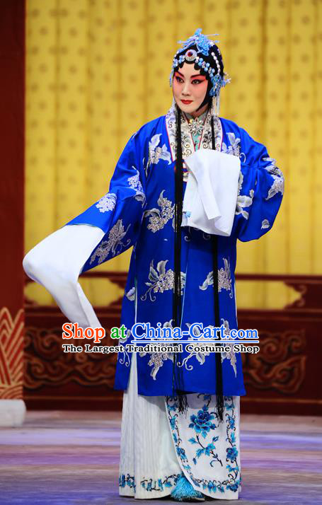 Chinese Beijing Opera Hua Tan Blue Apparels Costumes and Headpieces Hong Zong Lie Ma Traditional Peking Opera Diva Wang Baochuan Dress Garment