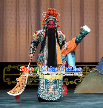 Changban Po Hanjin Kou Chinese Peking Opera General Guan Yu Armor Garment Costumes and Headwear Beijing Opera Wusheng Apparels Clothing