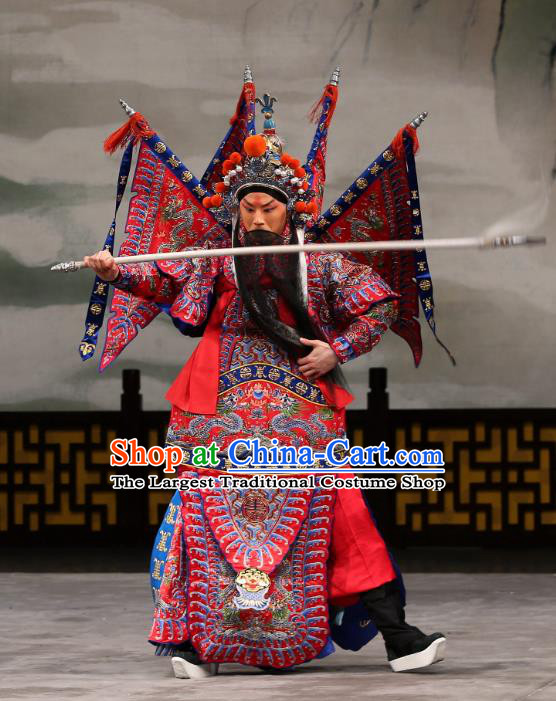 Xi Shi Chinese Peking Opera General Red Kao Armor Suit with Flags Garment Costumes and Headwear Beijing Opera Martial Male Apparels Clothing