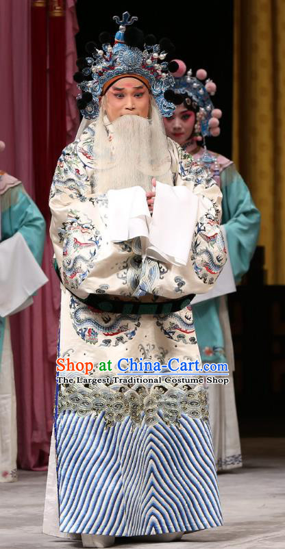 Xi Shi Chinese Peking Opera Elderly Official Wu Zixu Garment Costumes and Headwear Beijing Opera Apparels Old Man Python Embroidered Rob Clothing