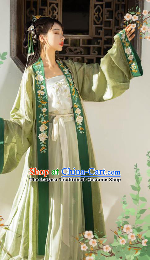 Traditional Chinese Song Dynasty Young Female Apparels Historical Costumes Ancient Royal Princess Embroidered Green Hanfu Dress