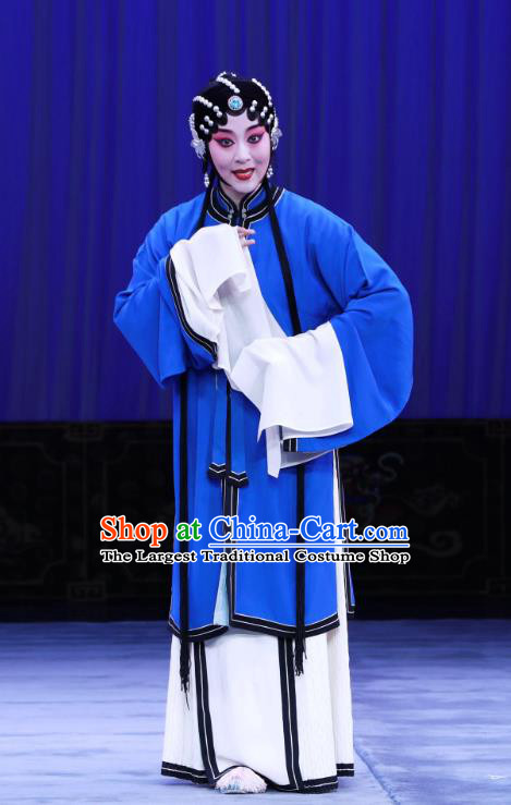 Chinese Beijing Opera Poor Woman Apparels Costumes and Headdress The Unicorn Purse Traditional Peking Opera Tsing Yi Blue Dress Han Xiangling Garment