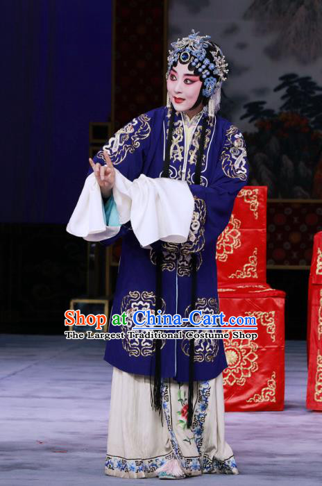 Chinese Beijing Opera Hua Tan Zhao Shouzhen Apparels Costumes and Headdress The Unicorn Purse Traditional Peking Opera Actress Blue Dress Diva Garment