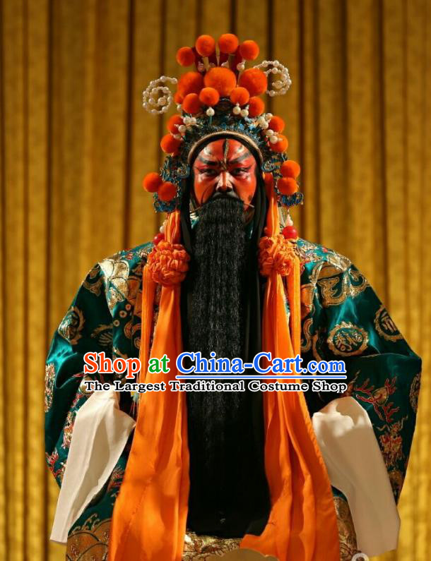 Qing Shi Mountain Chinese Peking Opera Elderly Male Garment Costumes and Headwear Beijing Opera General Guan Yu Apparels Clothing