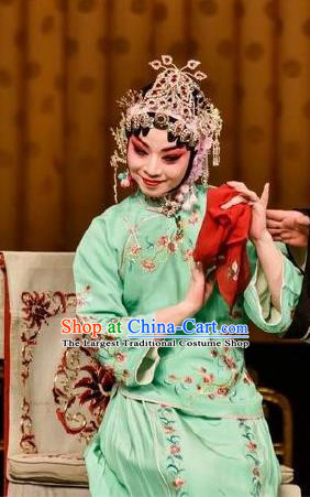 Chinese Beijing Opera Xiaodan Zhou Fengying Apparels Costumes and Headpieces Xin An Yi Traditional Peking Opera Actress Green Dress Garment