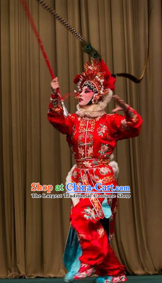 Chinese Beijing Opera Swordswoman Apparels Costumes and Headdress Qing Shi Mountain Traditional Peking Opera Fairy Fox Red Dress Garment