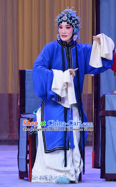 Chinese Beijing Opera Diva Apparels Costumes and Headdress Tears of Wasted Mountain Traditional Peking Opera Distress Maiden Zhang Huizhu Blue Dress Tsing Yi Garment