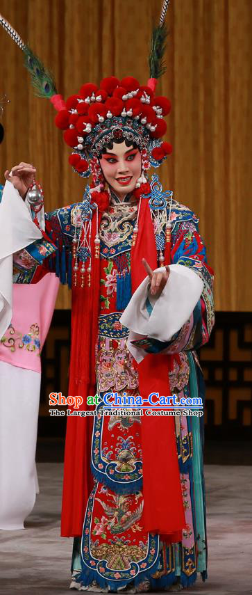 Chinese Beijing Opera Blues Apparels Costumes and Headdress Hongqiao with the Pearl Traditional Peking Opera Tao Ma Tan Dress Goddess Ling Bo Garment