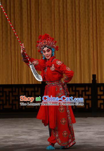 Chinese Beijing Opera Martial Female Apparels Costumes and Headdress Hongqiao with the Pearl Traditional Peking Opera Swordswoman Red Dress Garment