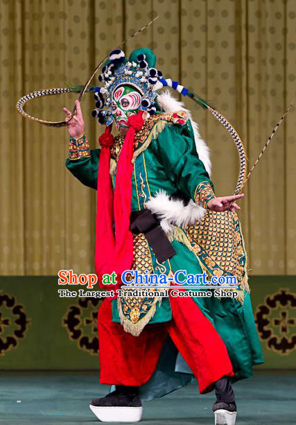 Hongqiao with the Pearl Chinese Peking Opera Takefu Garment Costumes and Headwear Beijing Opera Martial Male Apparels Wusheng Green Clothing