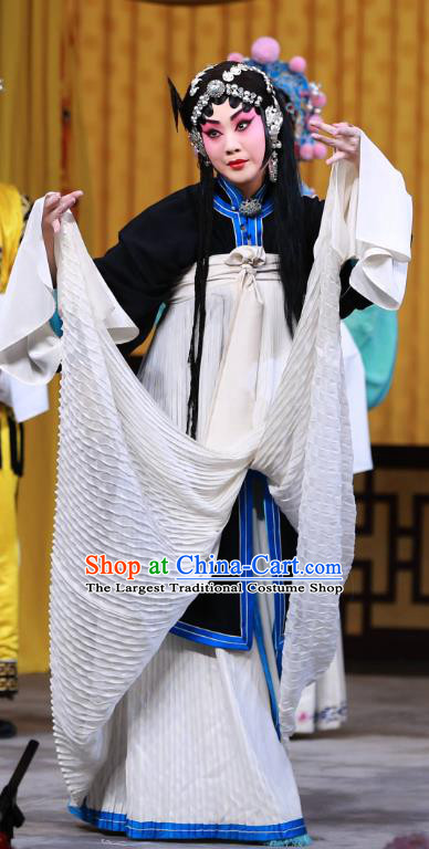 Chinese Beijing Opera Distress Maiden Apparels Young Female Costumes and Headdress Fa Men Temple Traditional Peking Opera Tsing Yi Dress Garment