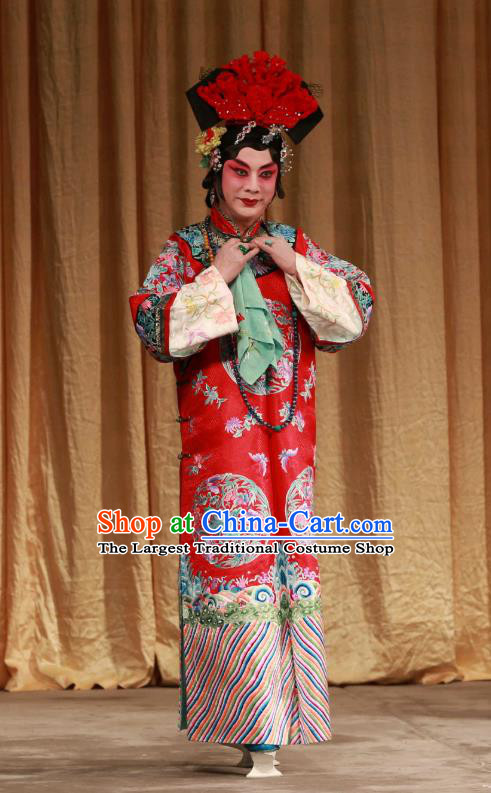 Chinese Beijing Opera Young Female Apparels Qing Dynasty Costumes and Headdress Mei Yu Pei Traditional Peking Opera Diva Red Dress Actress Han Cuizhu Garment