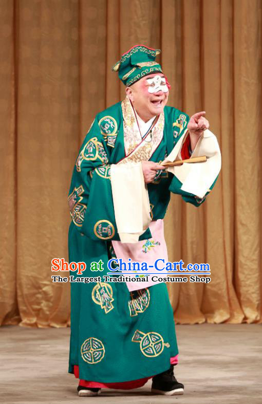 Mei Yu Pei Chinese Peking Opera Rich Childe Zhou Qifang Garment Costumes and Headwear Beijing Opera Chou Apparels Clown Green Clothing