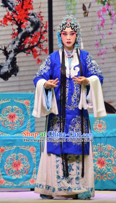 Chinese Jin Opera Young Female Garment Costumes and Headdress Xia He Dong Traditional Shanxi Opera Actress Apparels Mistress Blue Dress