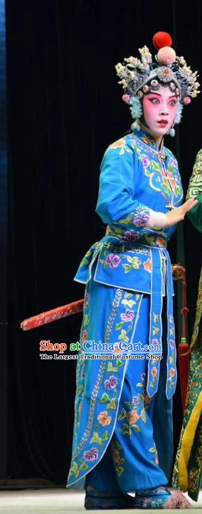 Chinese Jin Opera Female Swordsman Garment Costumes and Headdress Xia He Dong Traditional Shanxi Opera Young Beauty Apparels Wudan Huyan Xiuying Blue Dress