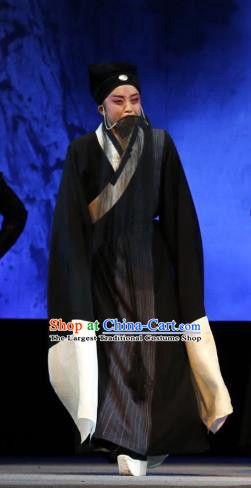 Lan Ke Mountain Chinese Shanxi Opera Elderly Male Apparels Costumes and Headpieces Traditional Jin Opera Laosheng Garment Zhu Maichen Black Clothing