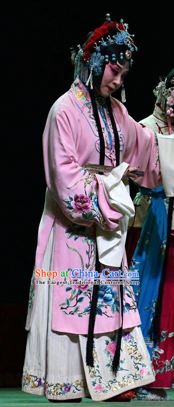 Chinese Jin Opera Rich Female Liu Yuyan Garment Costumes and Headdress Hua Tian Cuo Traditional Shanxi Opera Actress Apparels Hua Tan Pink Dress