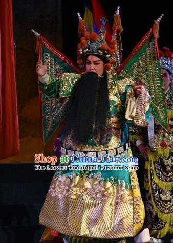 Mulan Joins the Army Chinese Shanxi Opera General Green Kao Apparels Costumes and Headpieces Traditional Jin Opera Marshal He Garment Clothing with Flags