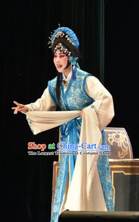 Chinese Jin Opera Distress Maiden Garment Costumes and Headdress Tears in Suzhou Traditional Shanxi Opera Diva Wang Lianjuan Apparels Actress Blue Dress