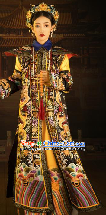 Chinese Drama Ancient Manchu Queen Hanfu Dress Apparels Traditional Qing Dynasty Royal Empress Historical Costumes and Headdress Complete Set