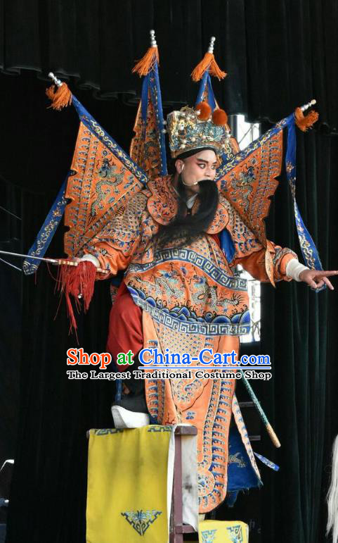 Long Hu Feng Yun Chinese Shanxi Opera Military Official Shi Shouxin Apparels Costumes and Headpieces Traditional Jin Opera General Garment Armor Clothing with Flags