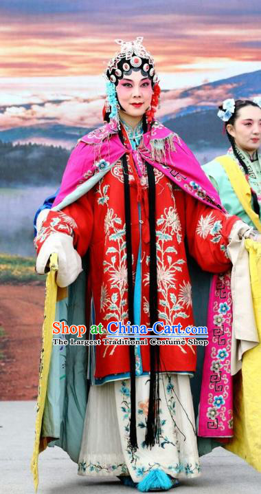 Chinese Jin Opera Young Female Garment Costumes and Headdress Shuang Luo Shan Traditional Shanxi Opera Hua Tan Apparels Diva Su Yun Red Dress