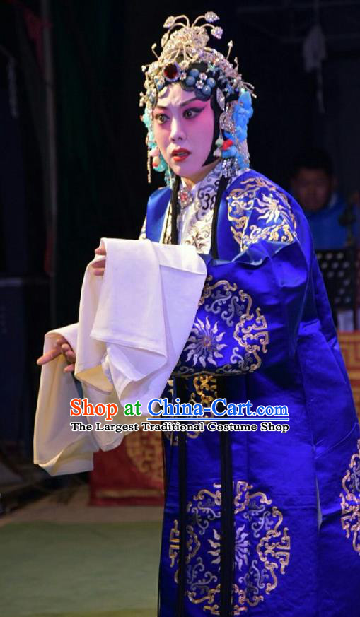 Chinese Jin Opera Young Mistress Garment Costumes and Headdress The Lotus Lantern Traditional Shanxi Opera Goddess Apparels Diva Blue Dress