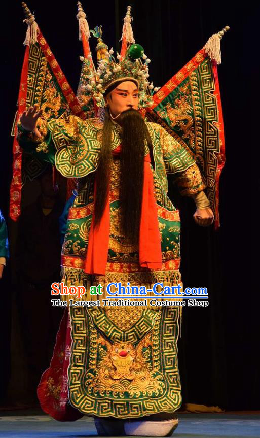 The Butterfly Chalice Chinese Shanxi Opera Commander Apparels Costumes and Headpieces Traditional Jin Opera General Garment Green Kao Clothing with Flags