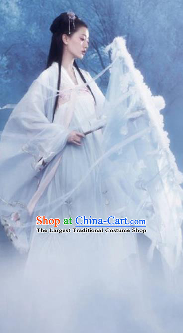 Chinese Drama Ancient Goddess White Dress Traditional Hanfu Apparels Tang Dynasty Royal Princess Historical Costumes and Headpieces