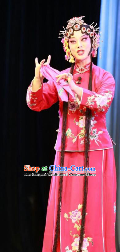 Chinese Shandong Opera Young Female Garment Costumes and Headdress Story About A Wall Traditional Lu Opera Actress Apparels Rosy Dress