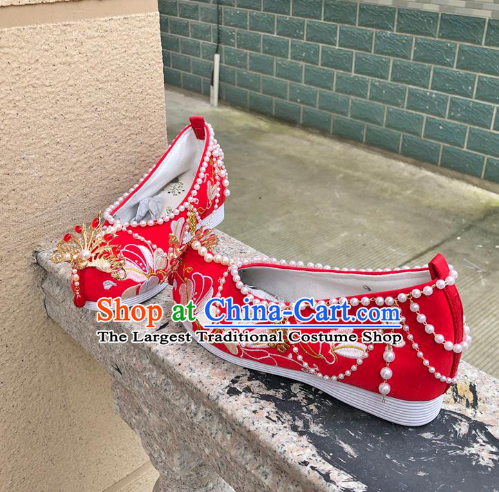 Chinese Traditional Cloth Shoes Wedding Hanfu Shoes Ancient Princess Pearls Bow Shoes Red Embroidered Shoes for Women