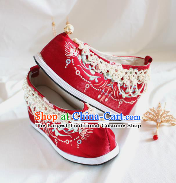 Chinese Traditional Wedding Embroidered Platform Shoes Red Cloth Shoes Hanfu Shoes Ancient Bride Pearls Shoes for Women