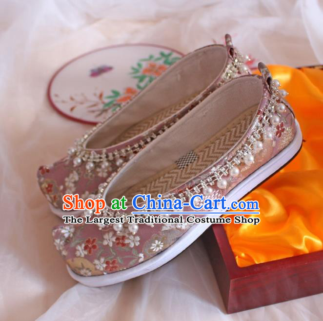 Chinese Traditional Pearls Hanfu Shoes Handmade Wedding Pink Satin Shoes Women Embroidered Shoes Ancient Princess Shoes