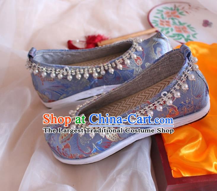 Chinese Handmade Blue Satin Shoes Traditional Pearls Hanfu Shoes Women Embroidered Shoes Ancient Princess Wedding Shoes