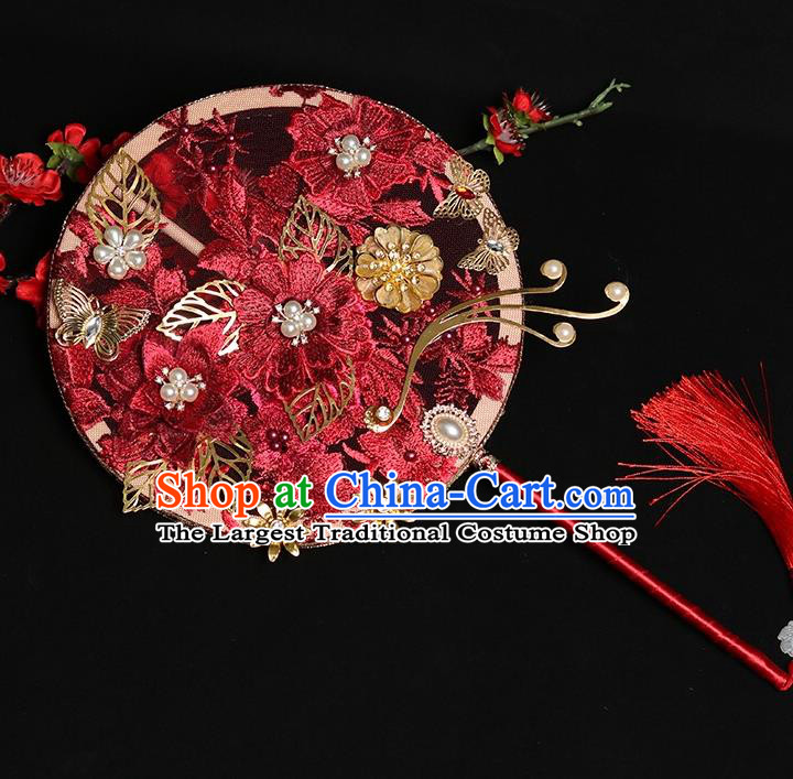 Chinese Handmade Bride Prop Traditional Hanfu Fan Ancient Wedding Round Fan Red Embroidered Palace Fan